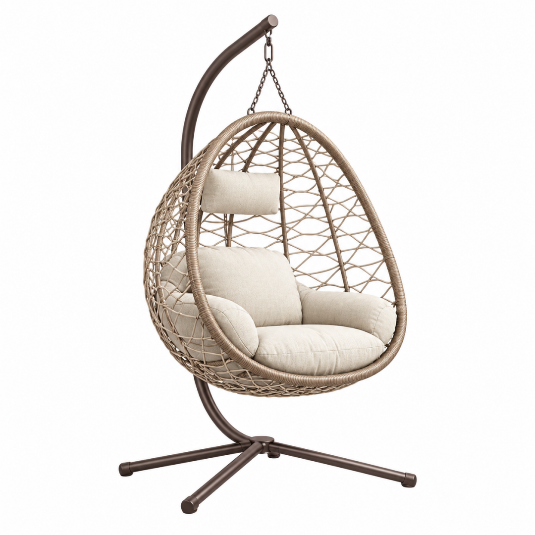 Hängesessel 105 x 105 x 195 cm aus Metall und Geflecht in Beige Braun mit Standgestell