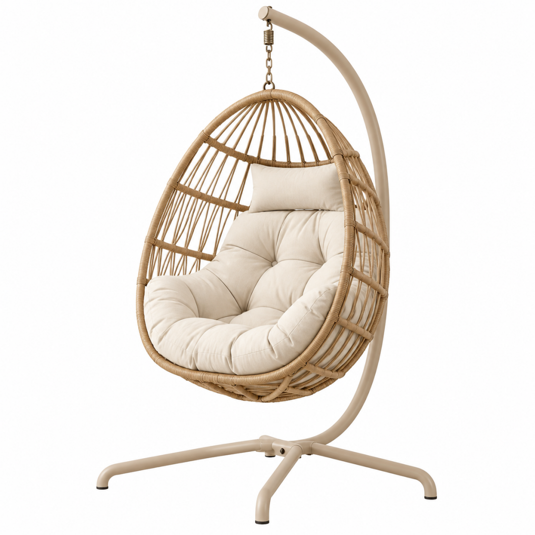 Hängesessel 105 cm breit 105 cm tief 195 cm hoch aus Metall und Geflecht in Natur Beige mit Standgestell