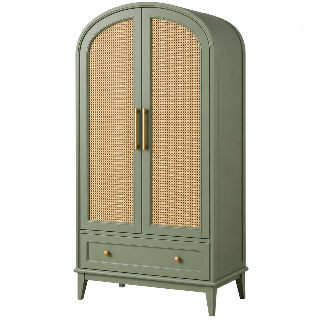 Kleiderschrank 90 x 45 x 190 cm Grün Holzwerkstoff Rattangeflecht mit Schublade