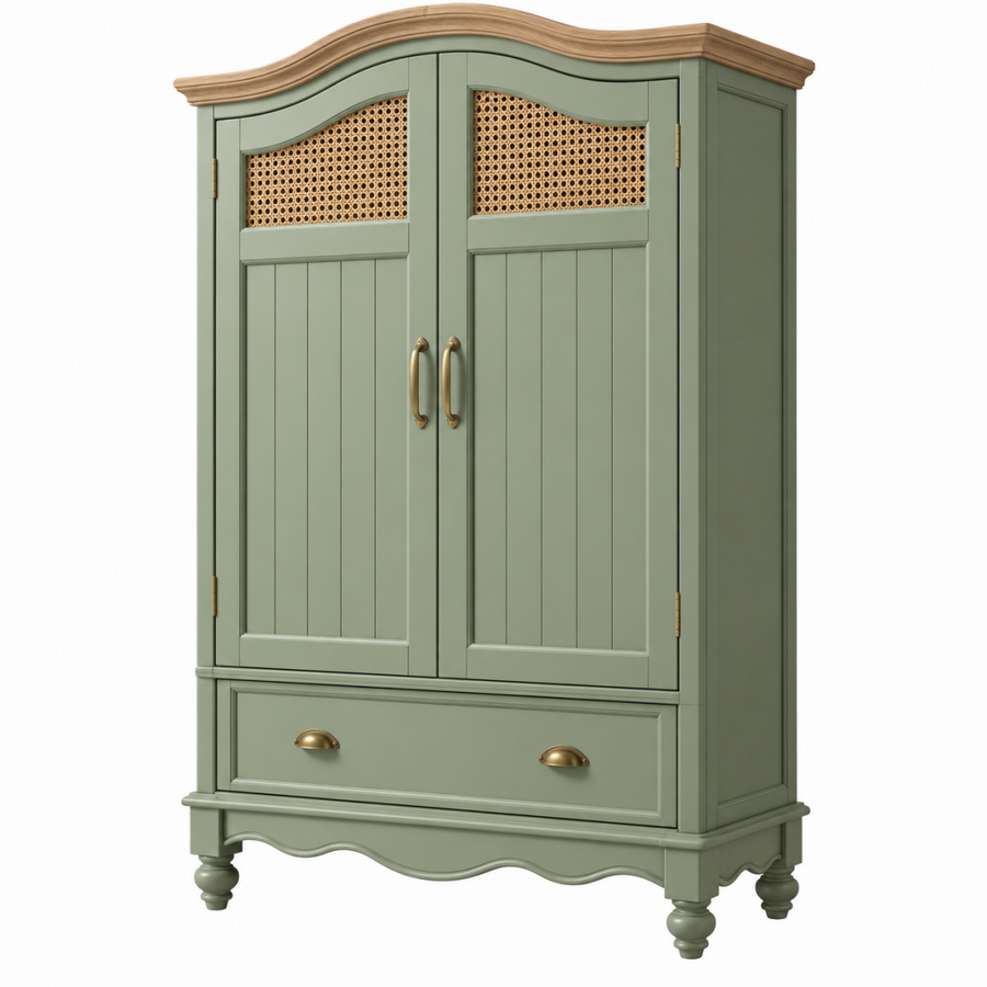 Kleiderschrank 100 x 55 x 190 cm Holz Rattangeflecht Grün Landhausstil mit Schublade