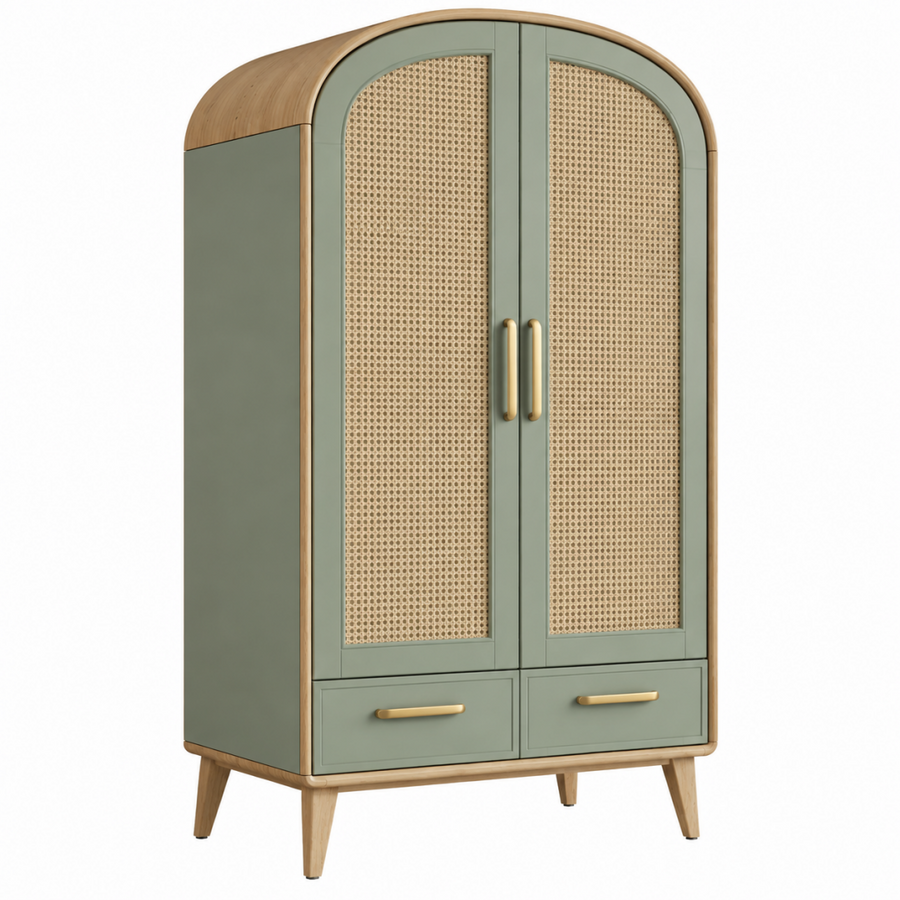 Kleiderschrank 100 x 50 x 190 cm aus Holzwerkstoff Grün Natur mit Rattangeflecht und 2 Schubladen