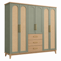 Kleiderschrank 240 x 60 x 220 cm aus Holzwerkstoff in Olivgrün und Natur mit Rattangeflecht und 6 Türen