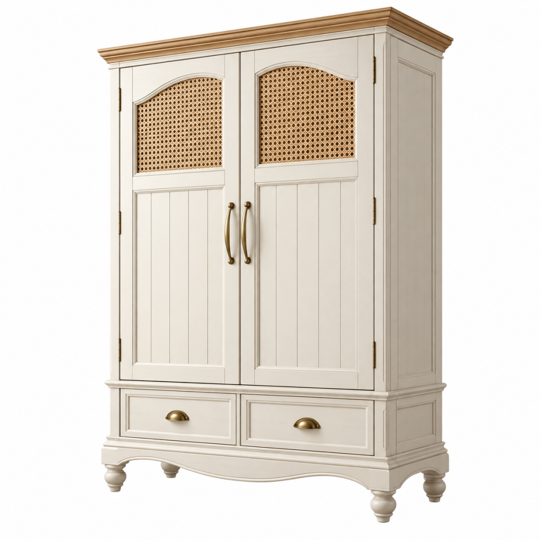 Kleiderschrank 100 x 55 x 200 cm Holzwerkstoff Cremeweiß Rattan Landhausstil
