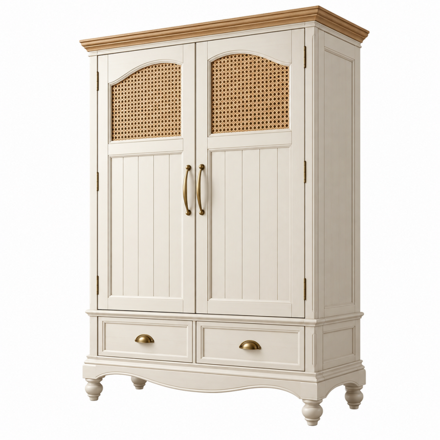 Kleiderschrank 100 x 55 x 200 cm Holzwerkstoff Cremeweiß Rattan Landhausstil
