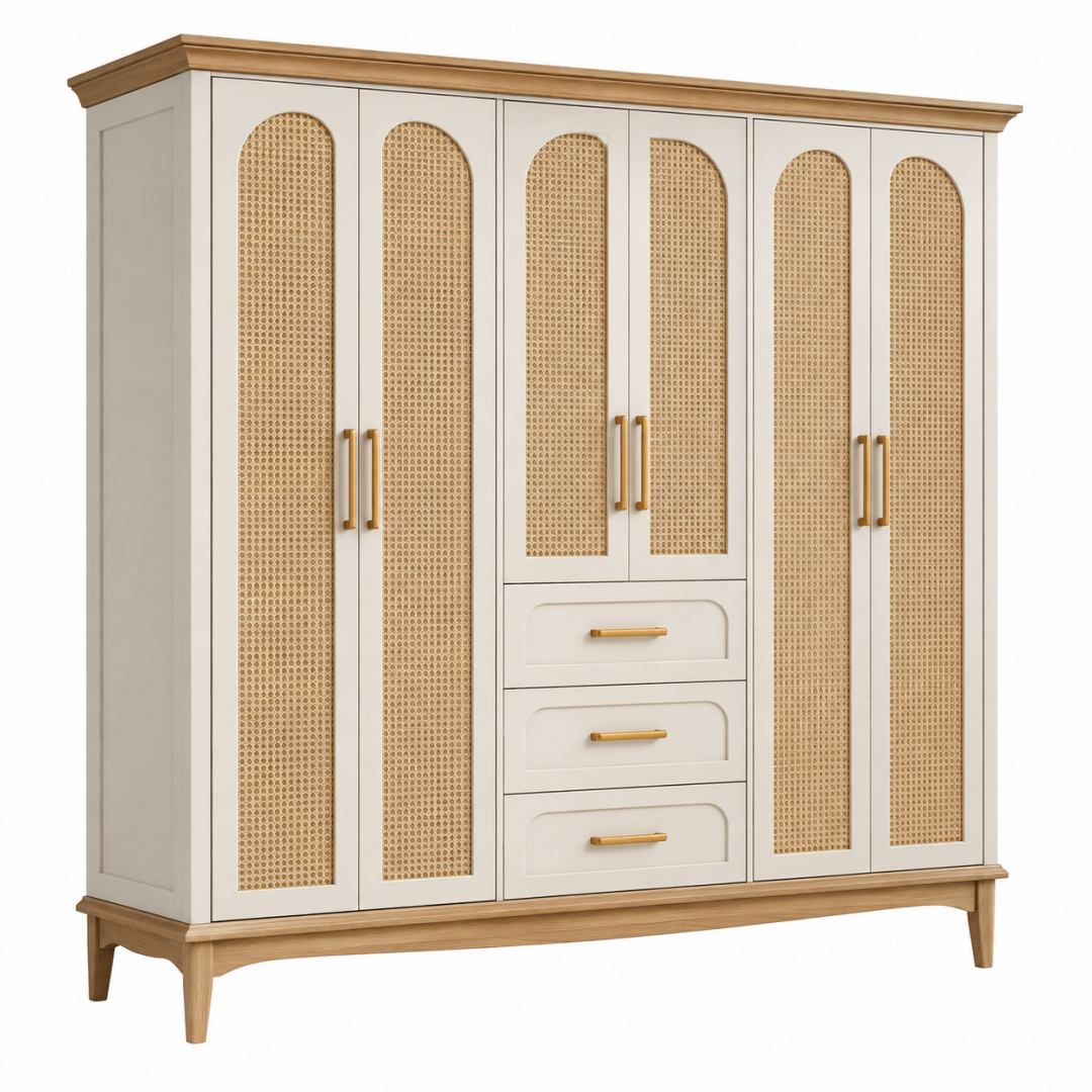 Kleiderschrank 200 x 60 x 200 cm Holzwerkstoff Creme Natur Rattanoptik mit 6 Türen und 3 Schubladen