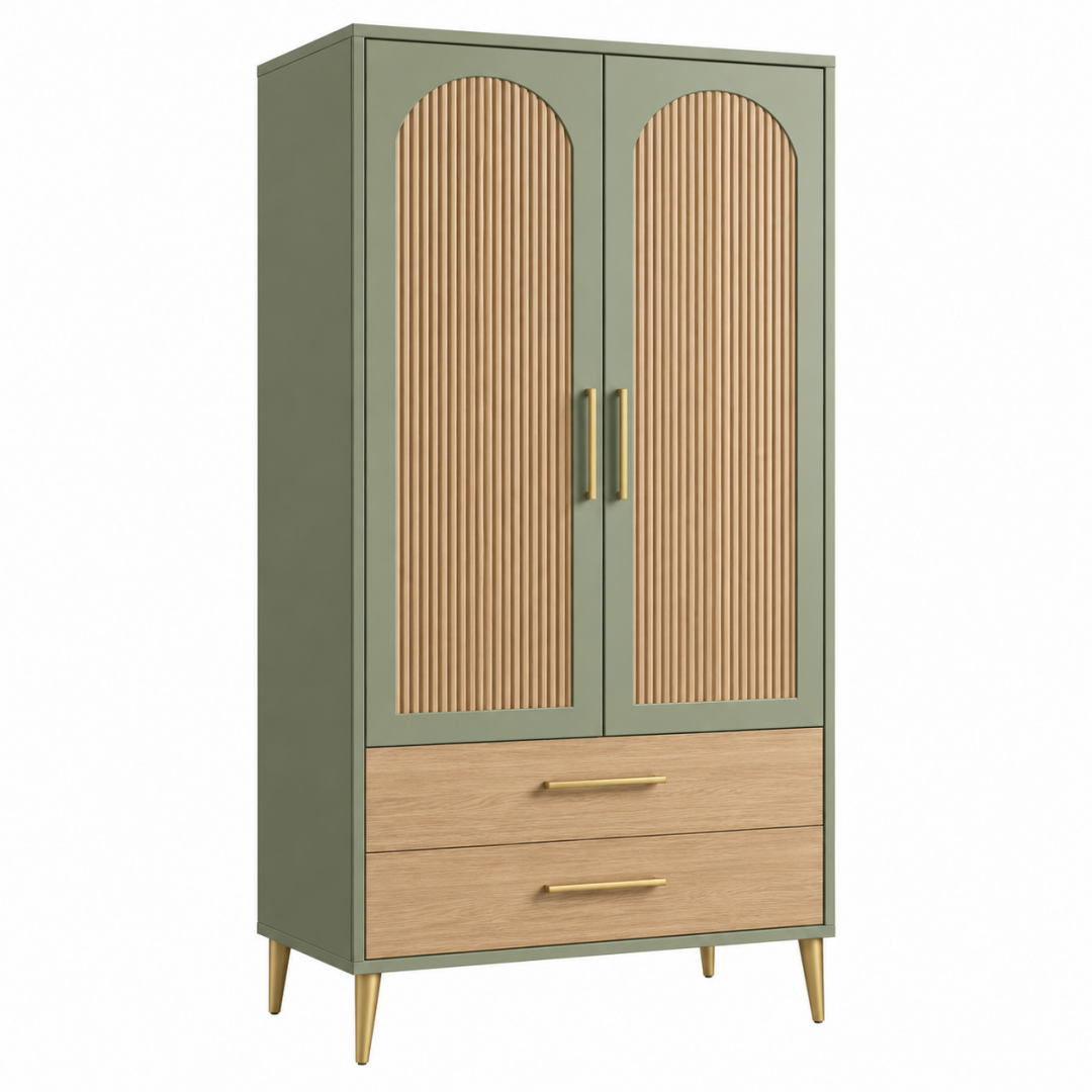 Kleiderschrank 100 x 55 x 190 cm aus Holzwerkstoff Grün Naturholz mit 2 Türen und 2 Schubladen