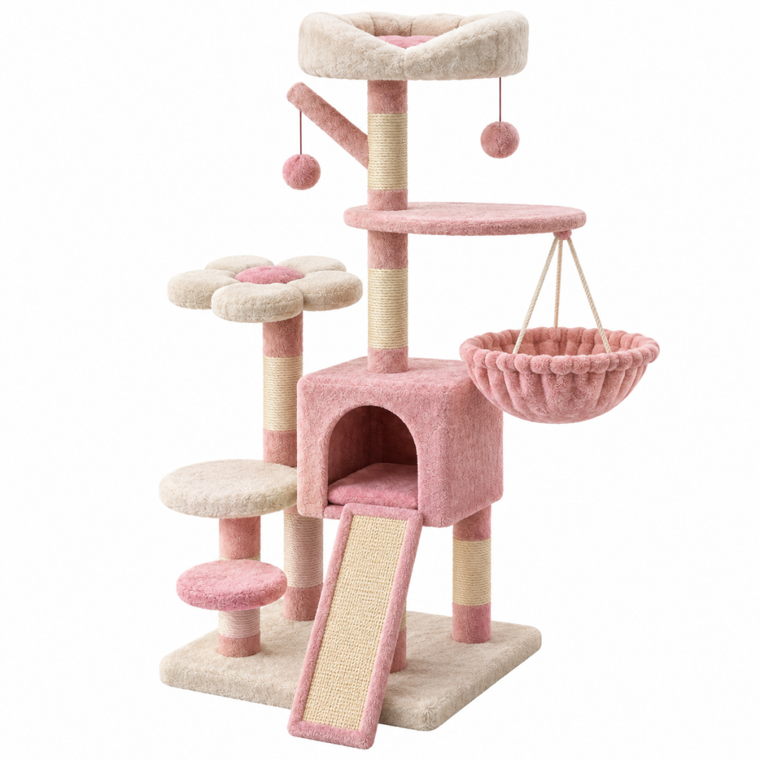 Kratzbaum 60 x 50 x 145 cm aus Plüsch und Sisal Rosa Creme mit Katzenhöhle Hängematte und Kratzrampe