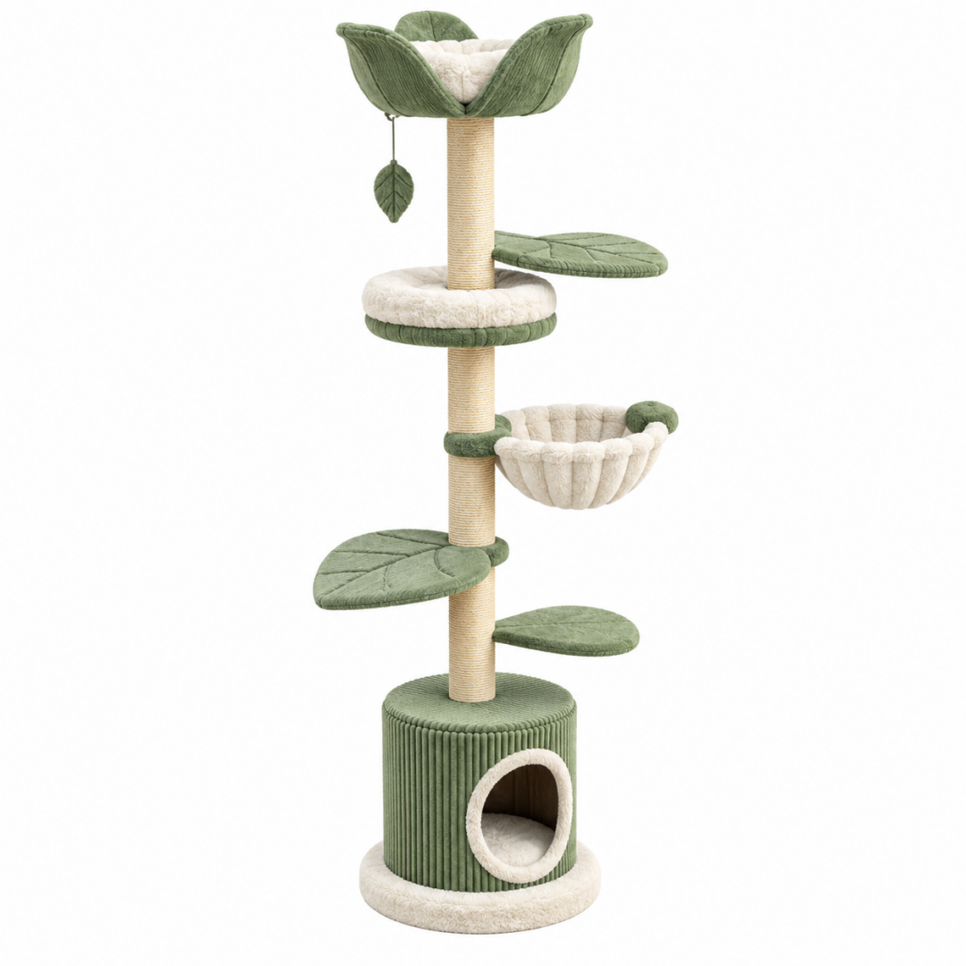 Kratzbaum 55 x 55 x 170 cm aus Plüsch und Sisal in Grün Creme mit Höhle und Liegeflächen