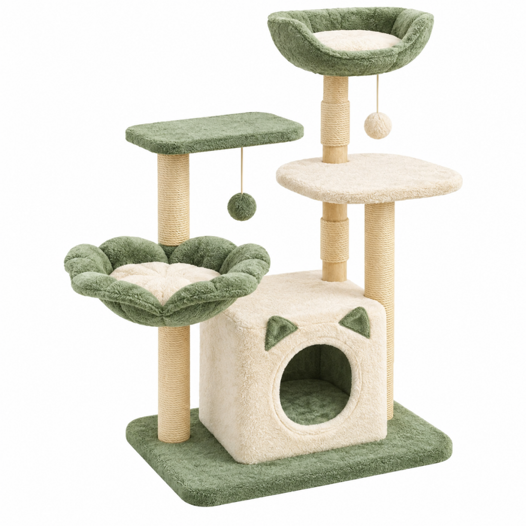 Kratzbaum 60 x 50 x 130 cm aus Plüsch und Sisal Grün Creme mit Katzenhöhle Liegeflächen und Spielbällen