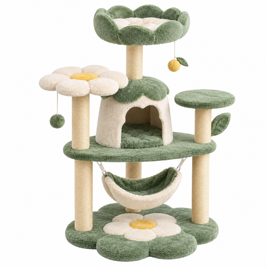 Katzenkratzbaum 60 x 50 x 120 cm Grün Creme Gelb mit Sisalstämmen Plüschhöhle Liegeflächen und Hängematte