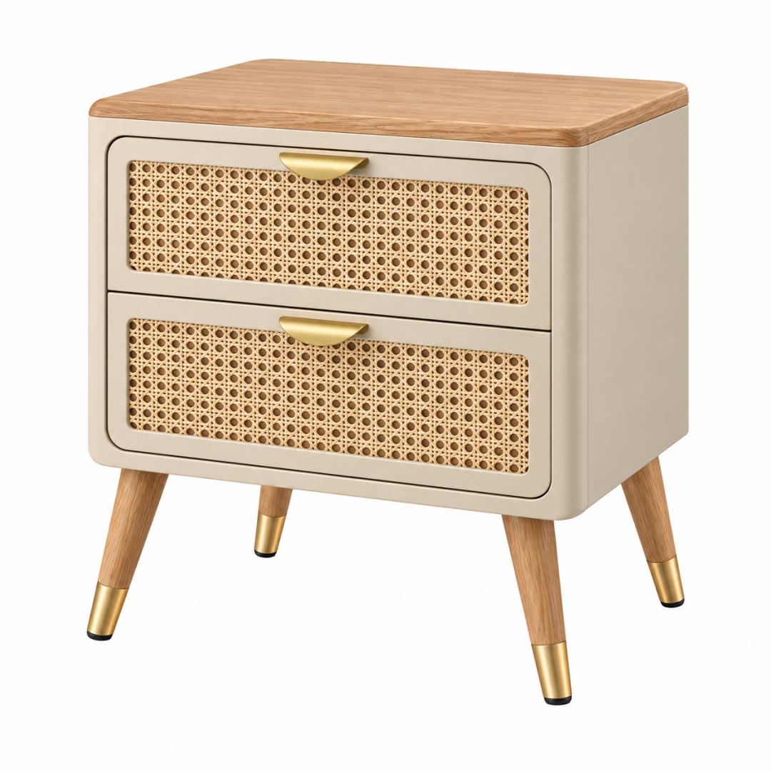 Nachttisch 45 x 40 x 60 cm Holz Rattan Beige Natur - 2 Schubladen Retro