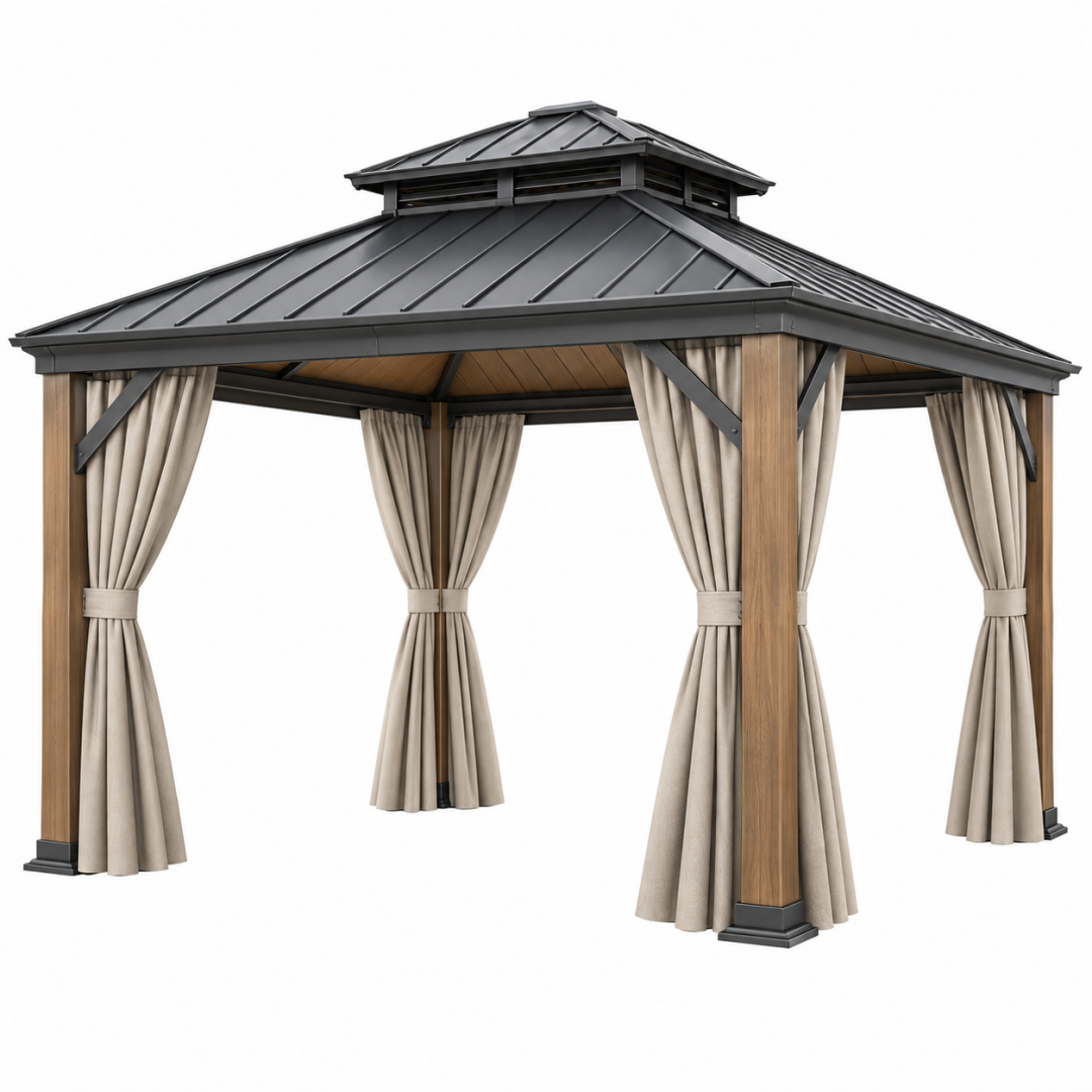 Pavillon 300 x 300 cm Holzoptik Beige mit Metall-Dach und Vorhängen