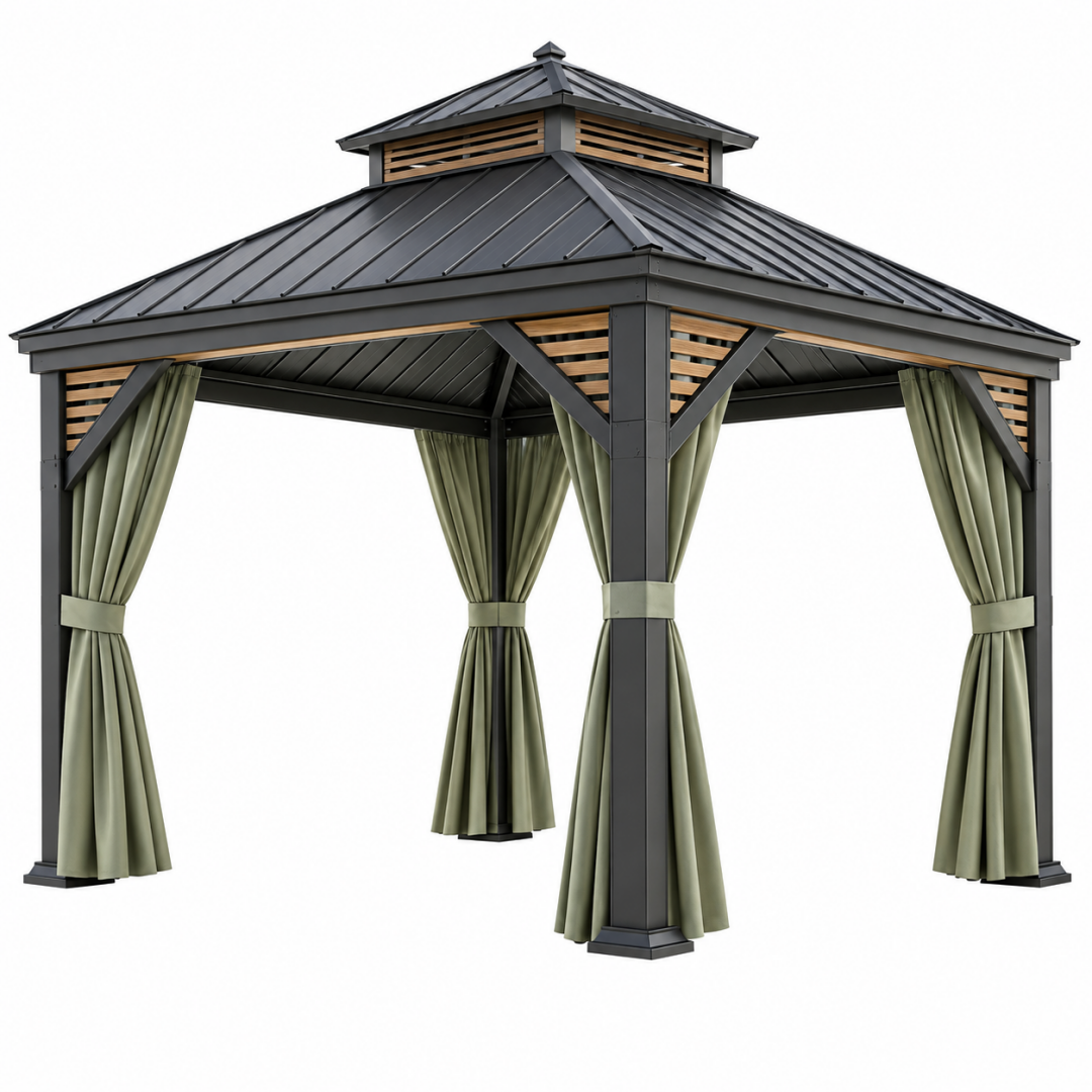 Gartenpavillon 300 x 300 x 300 cm aus Metall in Schwarz mit Vorhängen und Dach