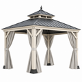 Gartenpavillon 300 x 300 x 300 cm Holz Metall Creme Schwarz mit Vorhängen für Außenbereiche