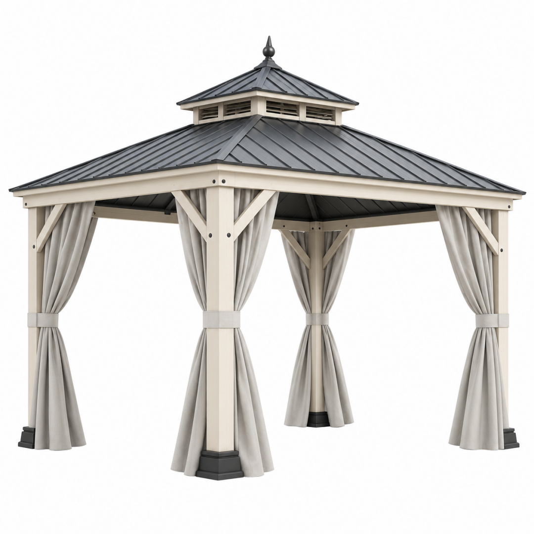 Gartenpavillon 300 x 300 x 300 cm Holz Metall Creme Schwarz mit Vorhängen für Außenbereiche