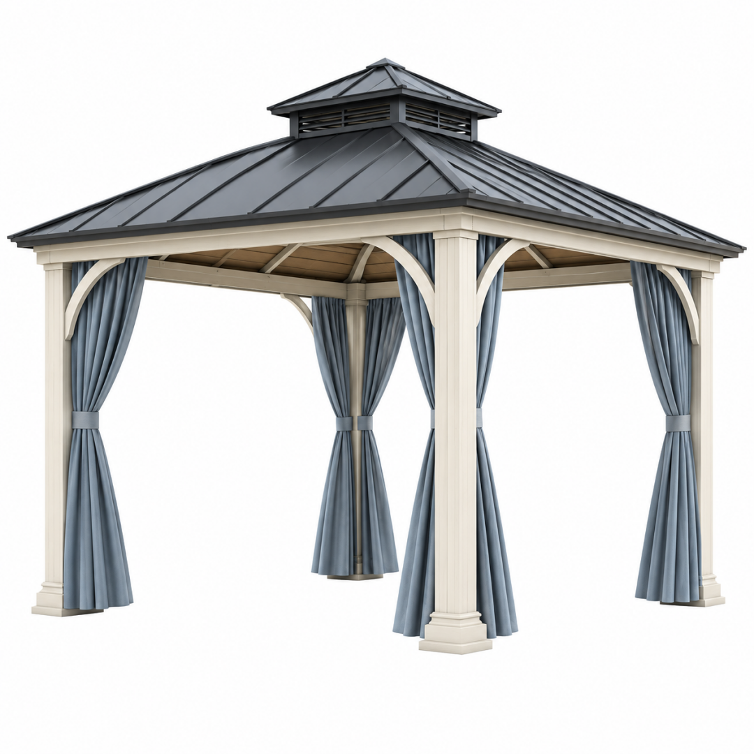 Gartenpavillon 400 x 400 x 330 cm aus Metall Cremeweiß Anthrazit mit Vorhängen