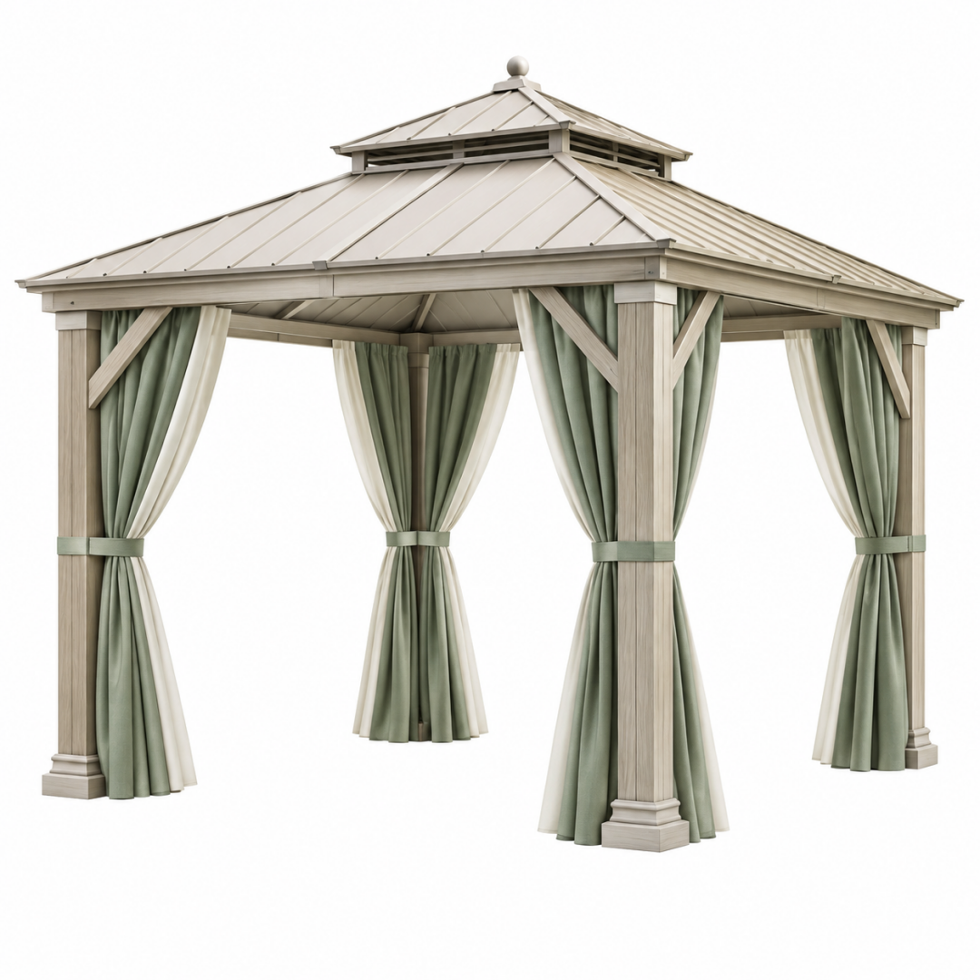 Gartenpavillon 300 x 300 x 300 cm in Beige und Salbeigrün mit Metallrahmen und Vorhängen