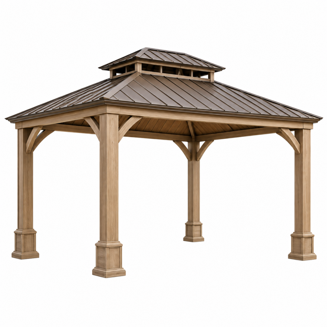 Gartenpavillon 400 x 400 x 320 cm Holz Braun mit Metalldach für den Außenbereich