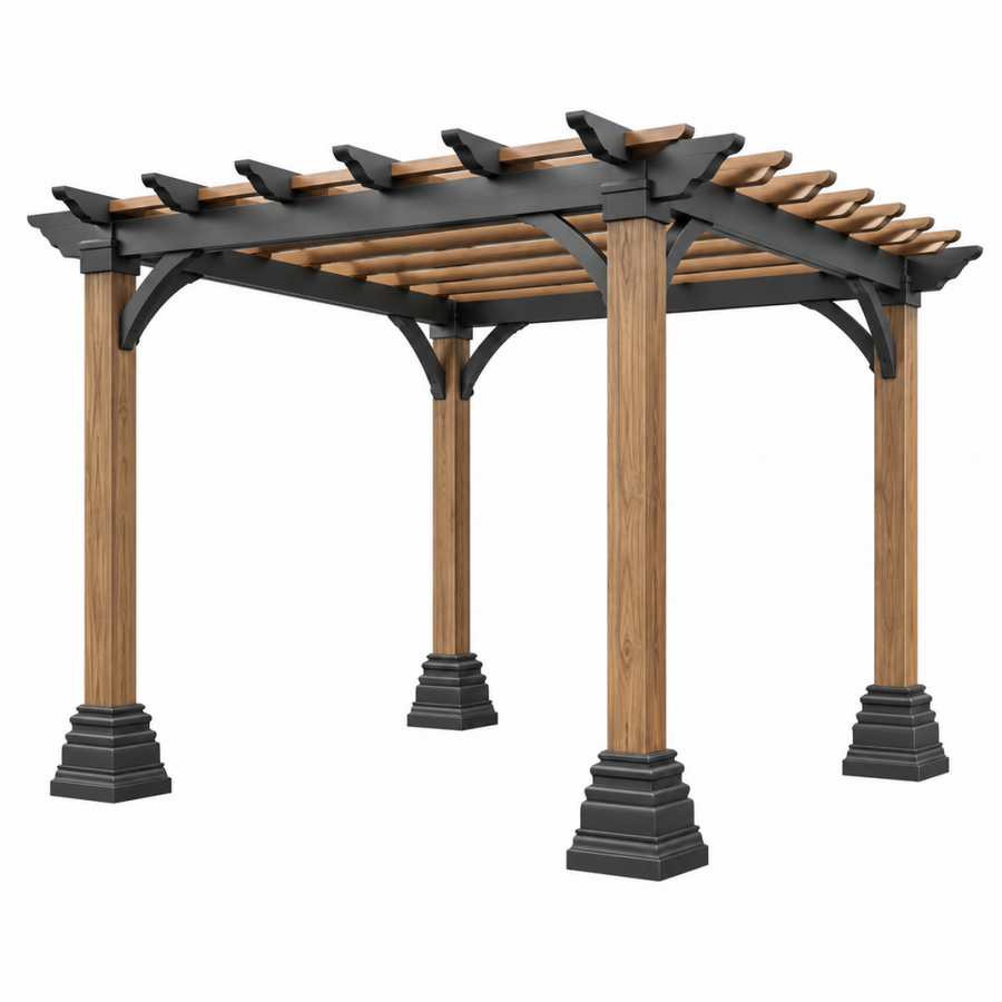 Gartenpergola 300 x 300 x 240 cm Holz und Metall Braun/Schwarz mit offenem Lattendach