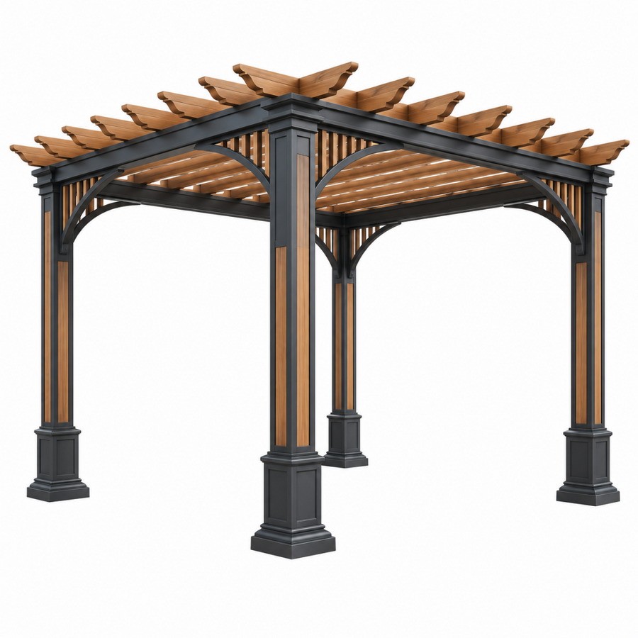 Pergola 300 x 300 x 250 cm aus Stahl und Holz Schwarz/Natur für Garten mit Latten-Dach