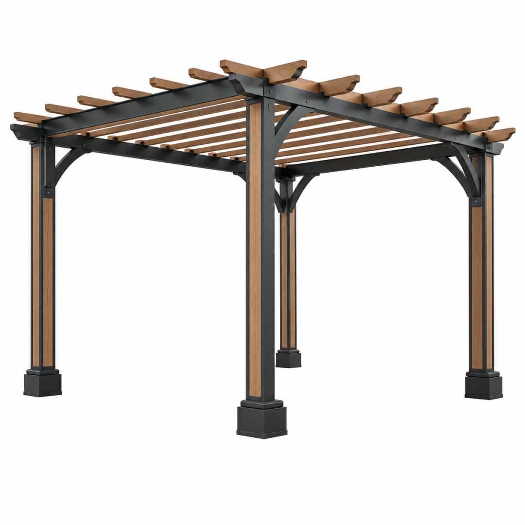 Pergola 300 x 300 x 230 cm aus Metall und Holz in Schwarz Braun mit Lamellendach