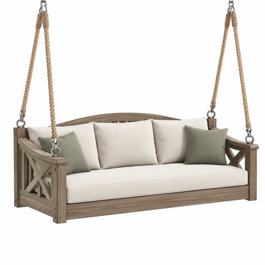 Hängesofa 180 cm Holz Natur Beige für Garten mit Seilaufhängung Landhausstil