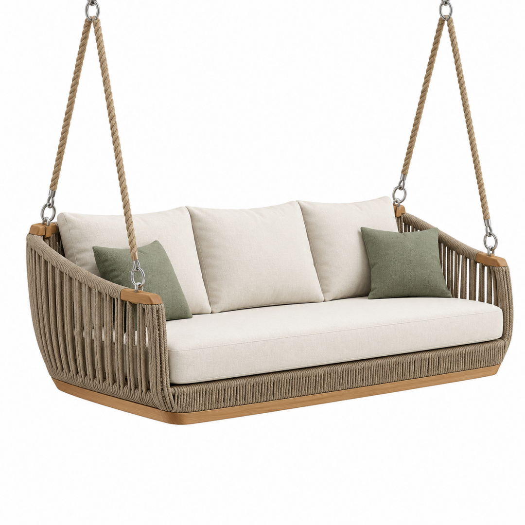 Hängesofa 180 cm aus Holz und Seil in Beige Naturbraun für den Außenbereich