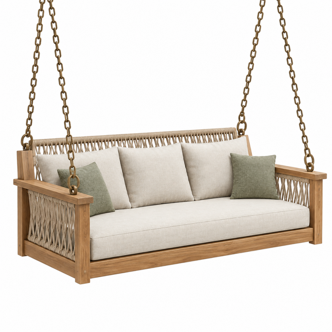Hängesofa 180 x 75 x 65 cm aus Holz Naturbeige mit Seilbespannung für Terrasse